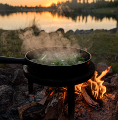 a fryingpan over the fire in the nature