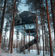 A glas cabin in the forest