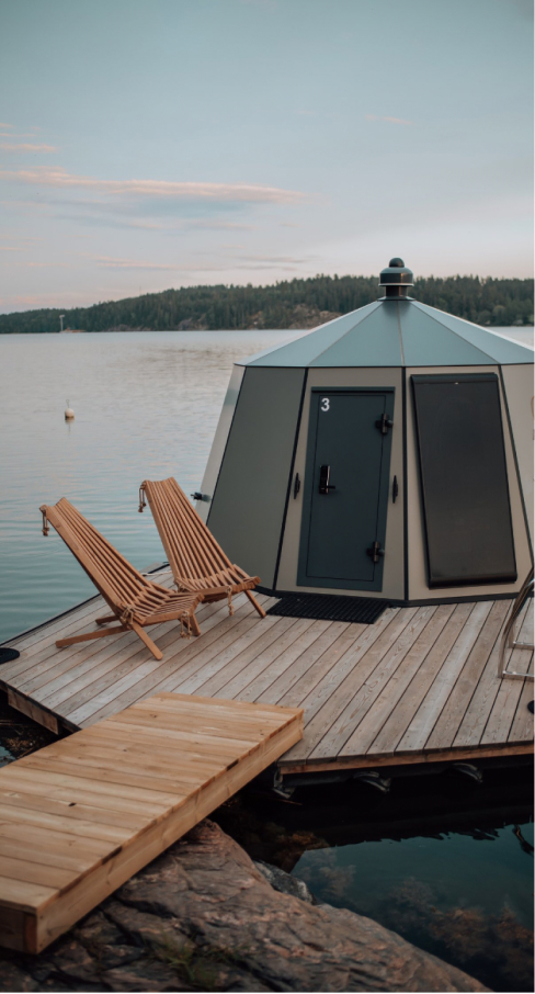 A floating hut on a lake
